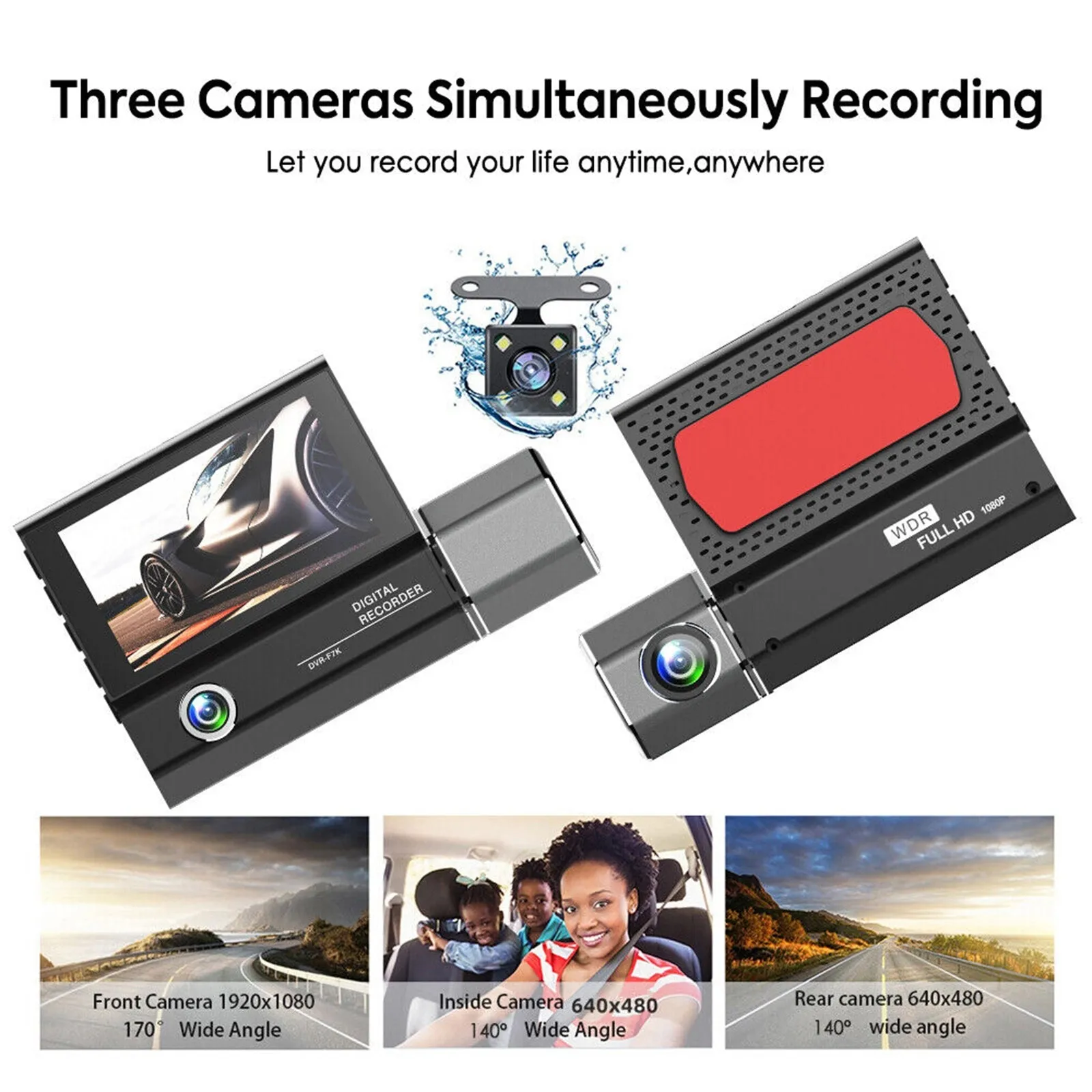 1080P 3 Lens Dash Cam Car Dvr 3.0 Inch HD Ips Screen Wide Angle