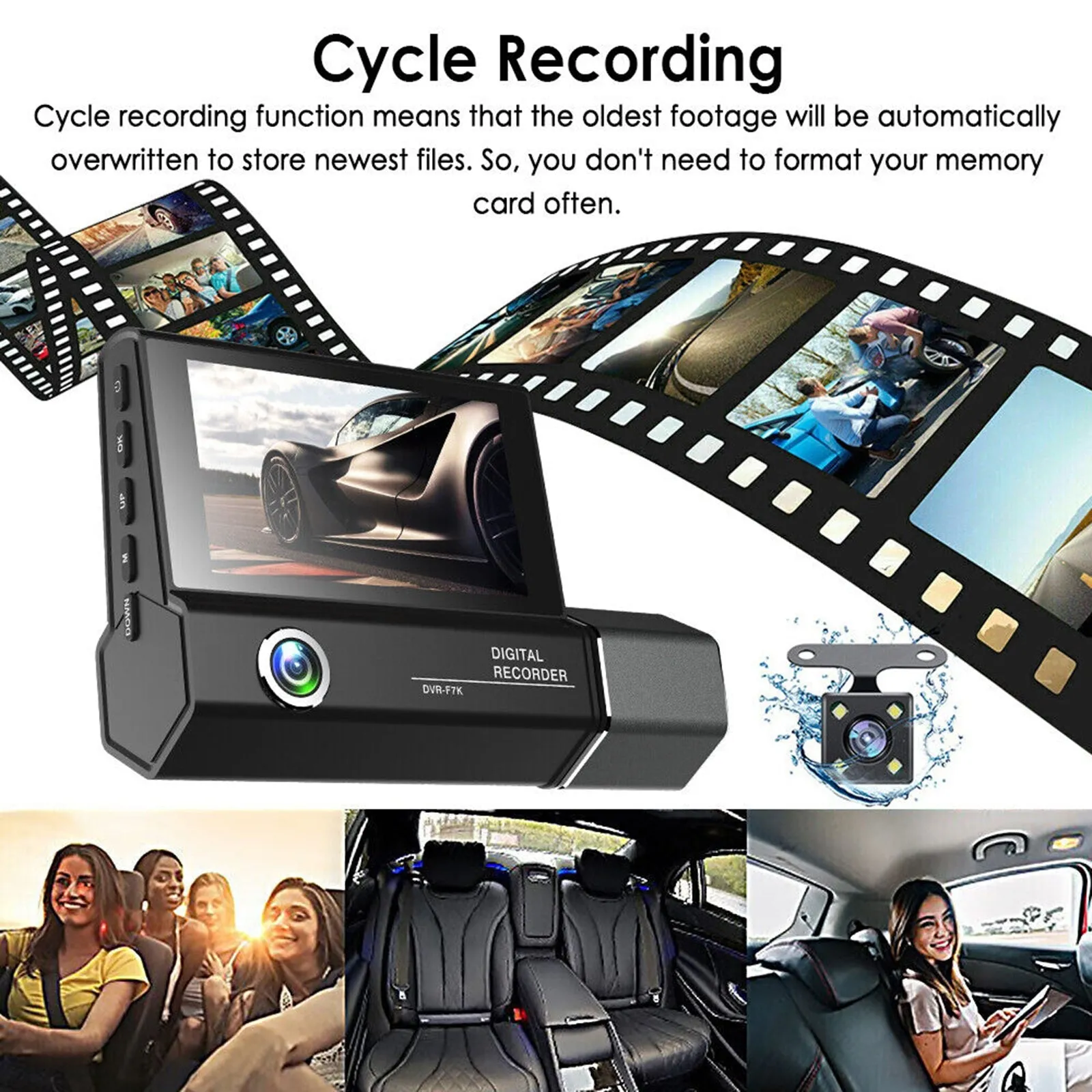 1080P 3 Lens Dash Cam Car Dvr 3.0 Inch HD Ips Screen Wide Angle