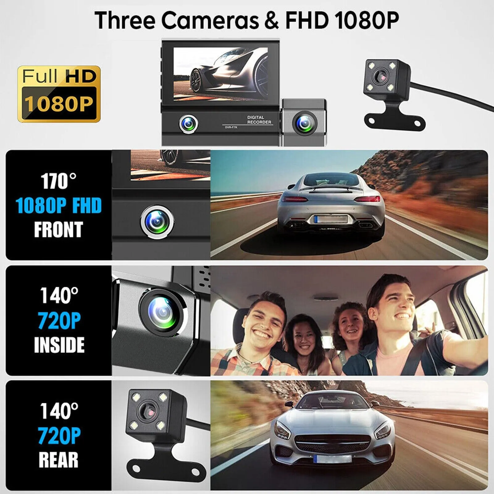 1080P 3 Lens Dash Cam Car Dvr 3.0 Inch HD Ips Screen Wide Angle