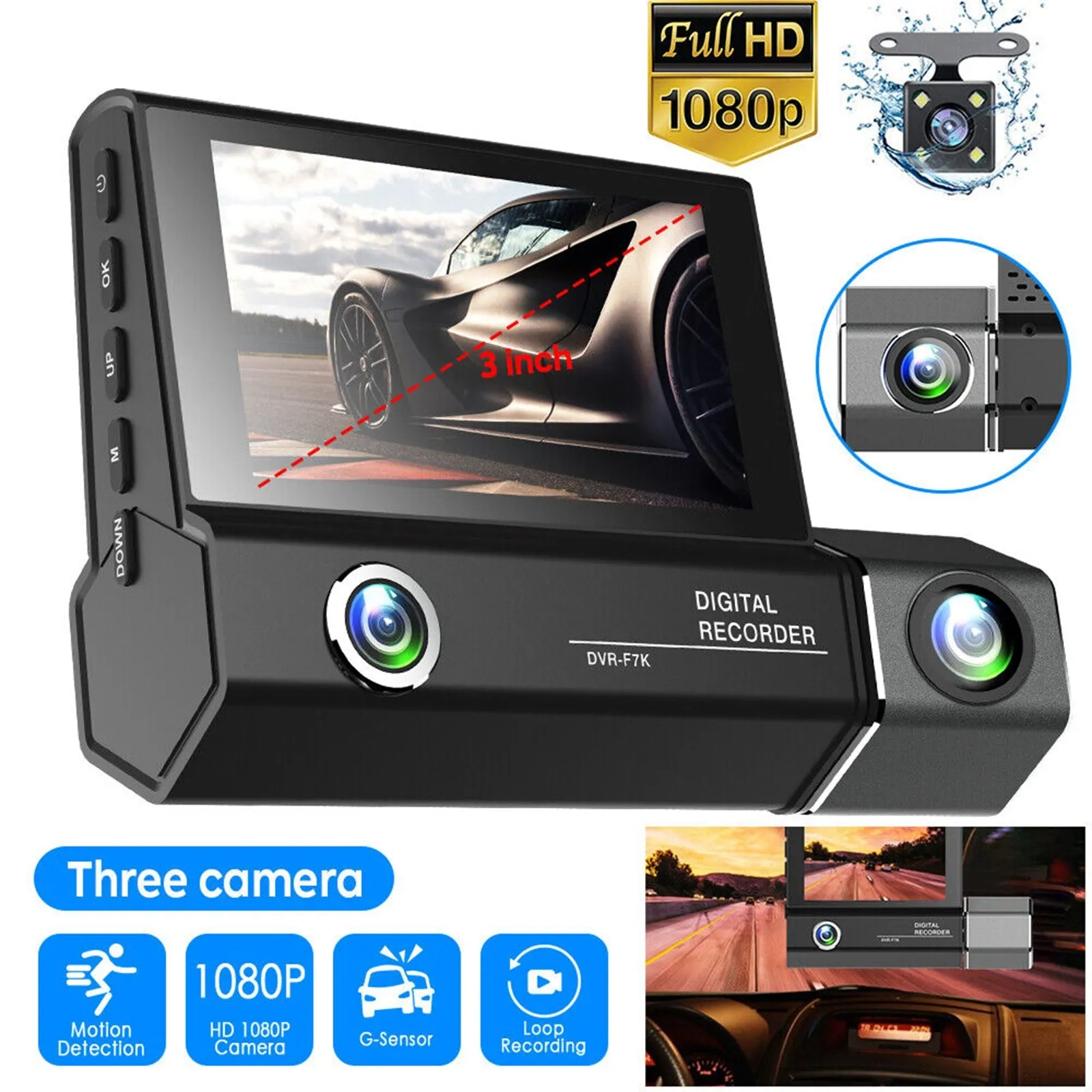 1080P 3 Lens Dash Cam Car Dvr 3.0 Inch HD Ips Screen Wide Angle