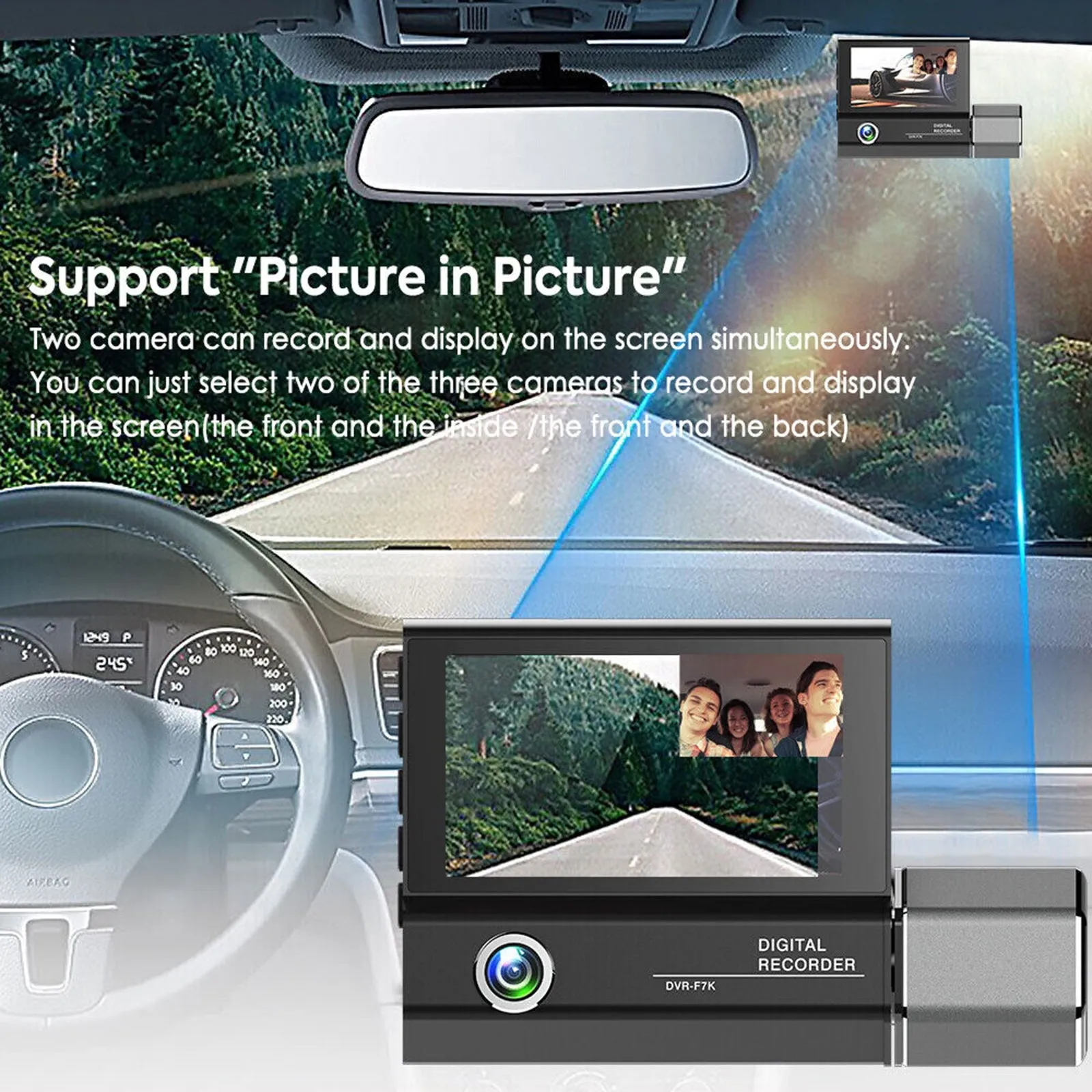 1080P 3 Lens Dash Cam Car Dvr 3.0 Inch HD Ips Screen Wide Angle
