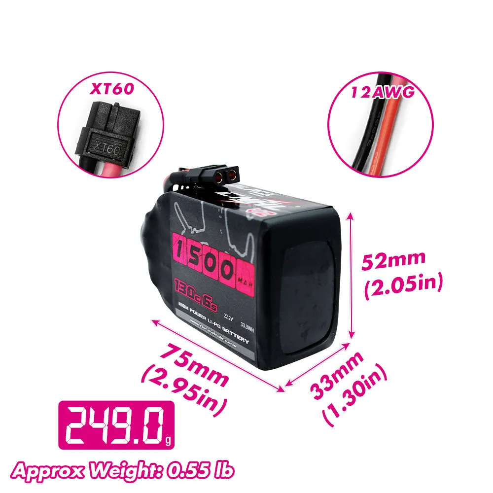 2 Packs CNHL Black Series V2.0 1500mAh 22.2V 6S 130C Lipo Battery with XT60 Plug