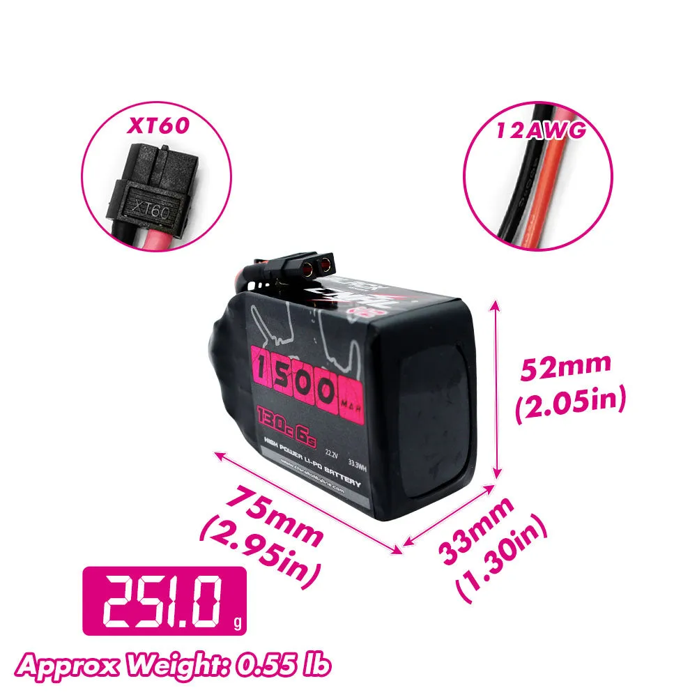 2 Packs CNHL Black Series V2.0 1500mAh 22.2V 6S 130C Lipo Battery with XT60 Plug