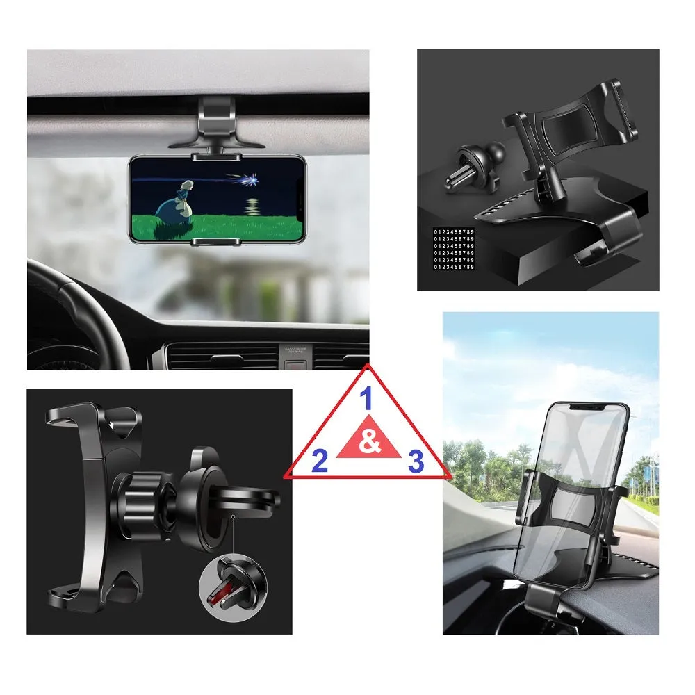 3 in 1 Car GPS Smartphone Holder: Dashboard / Visor Clamp   AC Grid Clip for Lava Xolo Era 4K (2016) - Black