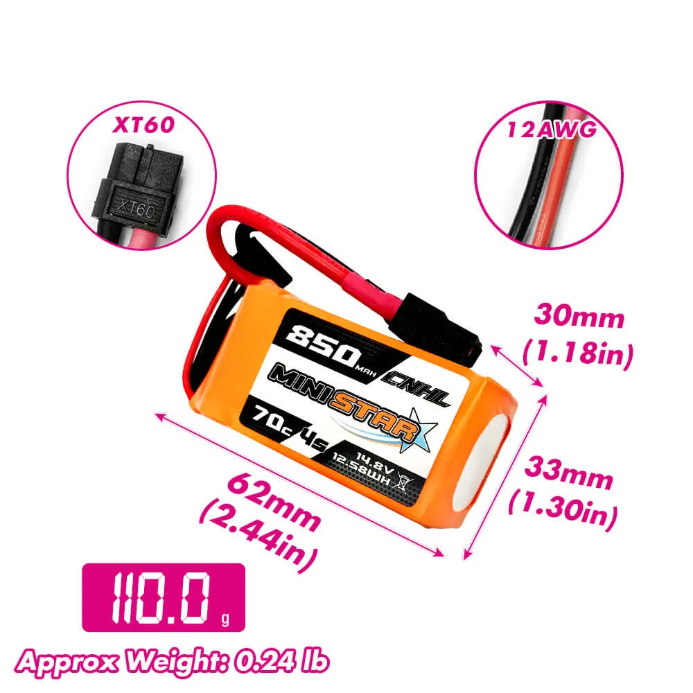 4 Packs CNHL MiniStar 850mAh 14.8V 4S 70C Lipo Battery with XT60 Plug - UK Warehouse