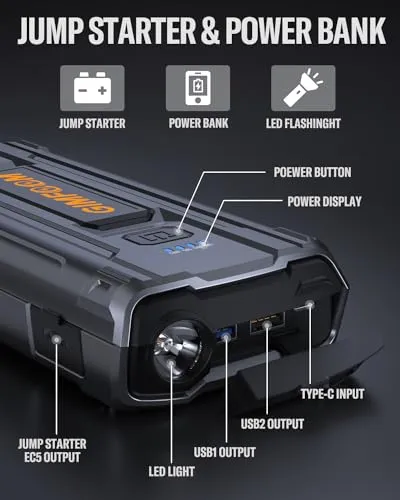 Car Jump Starter, 3000A Jump Starter Battery Pack for Up to 9.0L Gas or 7.5L Diesel Engine, 12V Car Battery Jump Starter, Jump Box with LED Light, Storage Case, and Dual USB Output.