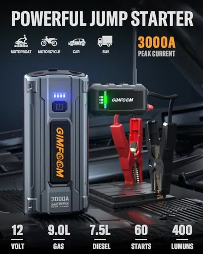 Car Jump Starter, 3000A Jump Starter Battery Pack for Up to 9.0L Gas or 7.5L Diesel Engine, 12V Car Battery Jump Starter, Jump Box with LED Light, Storage Case, and Dual USB Output.