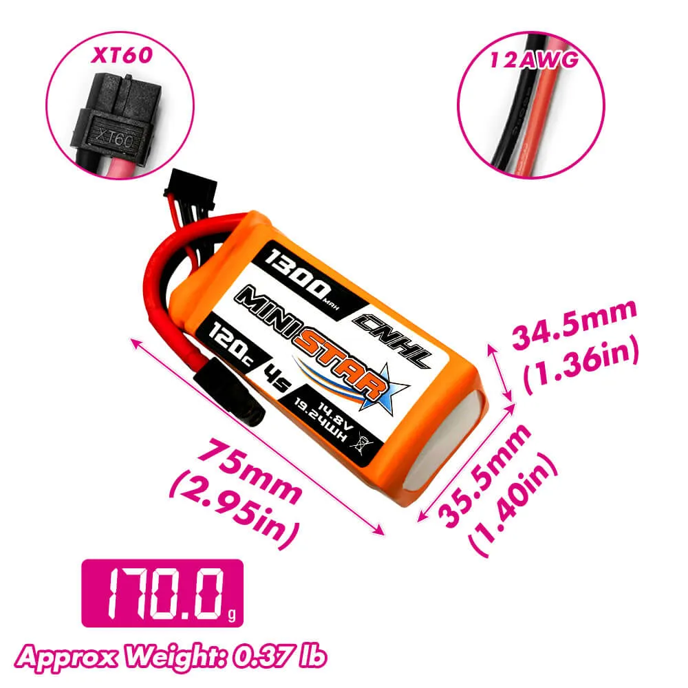 CNHL MiniStar 1300mAh 14.8V 4S 120C Lipo Battery with XT60 Plug