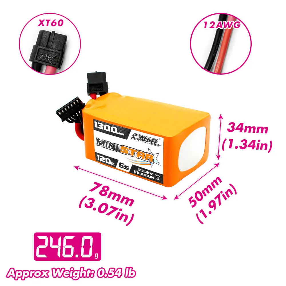 CNHL MiniStar 1300mAh 22.2V 6S 120C Lipo Battery with XT60 Plug