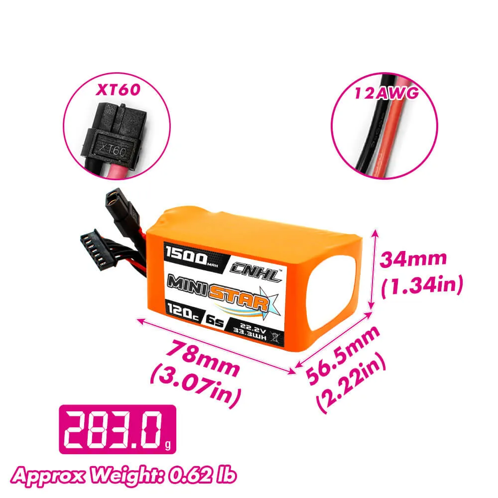 CNHL MiniStar 1500mAh 22.2V 6S 120C Lipo Battery with XT60 Plug