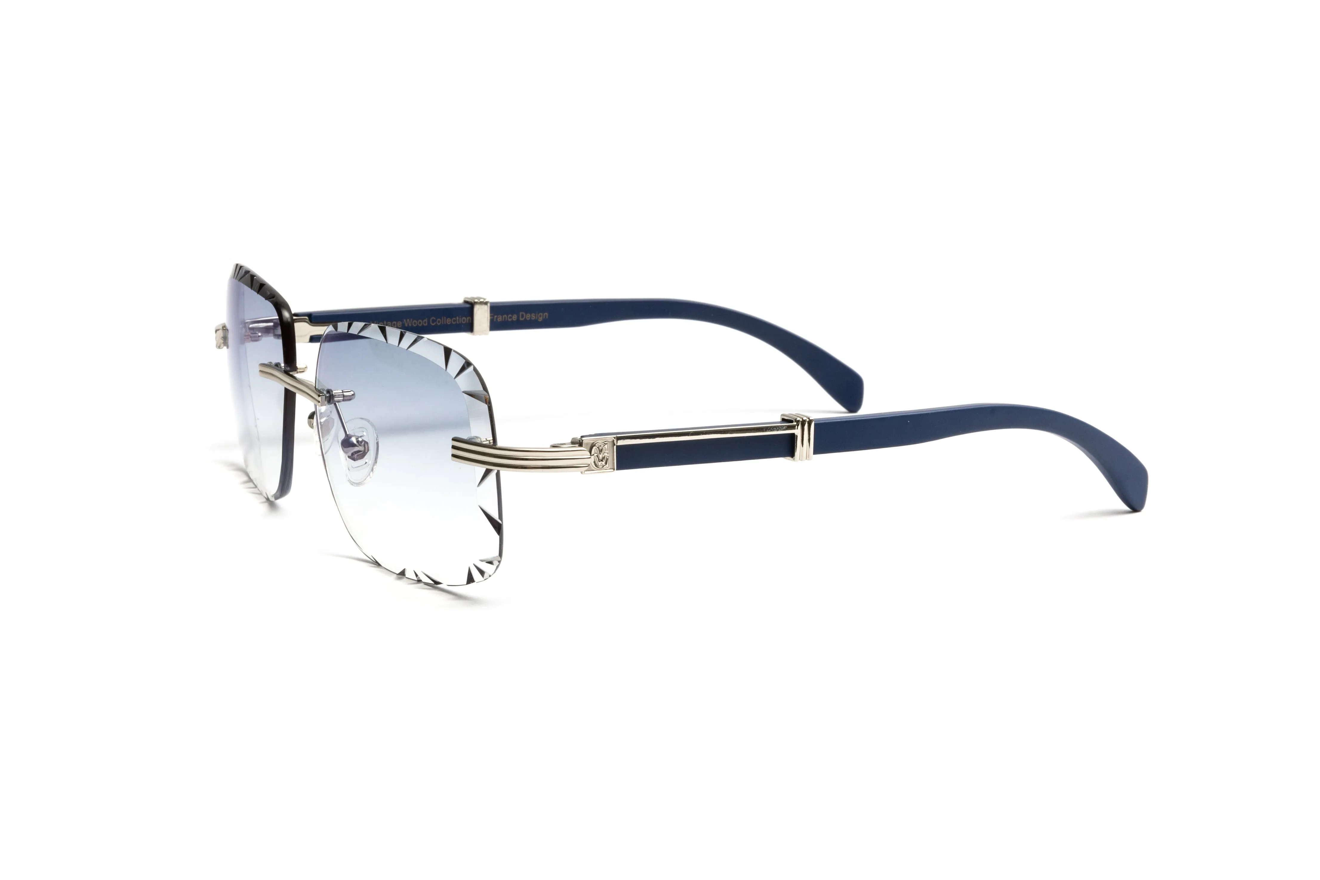 DRONE 5 Silver & Blue Wood Rimless Sunglasses, Gradient Grey Diamond Cut Lenses