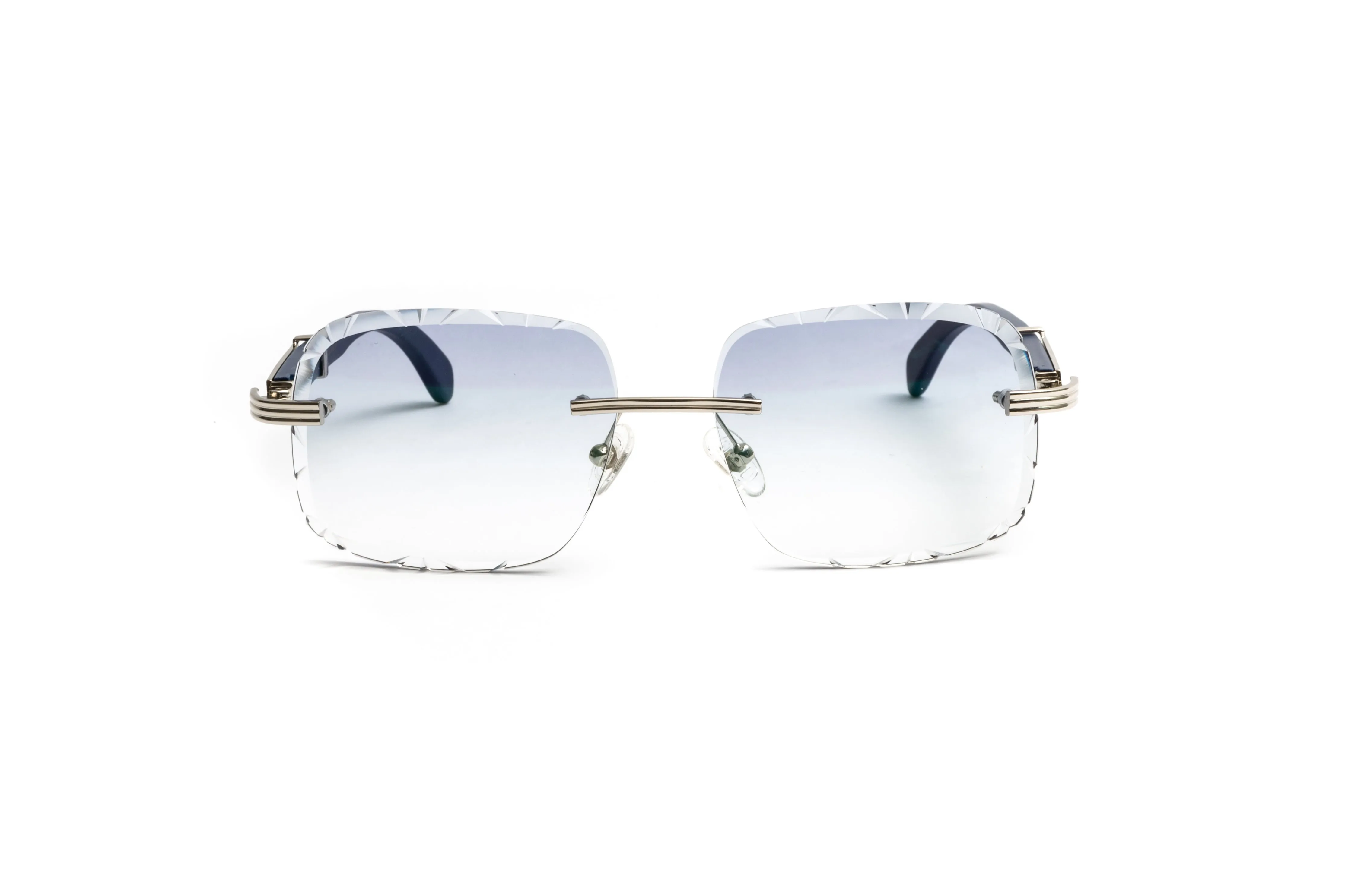 DRONE 5 Silver & Blue Wood Rimless Sunglasses, Gradient Grey Diamond Cut Lenses