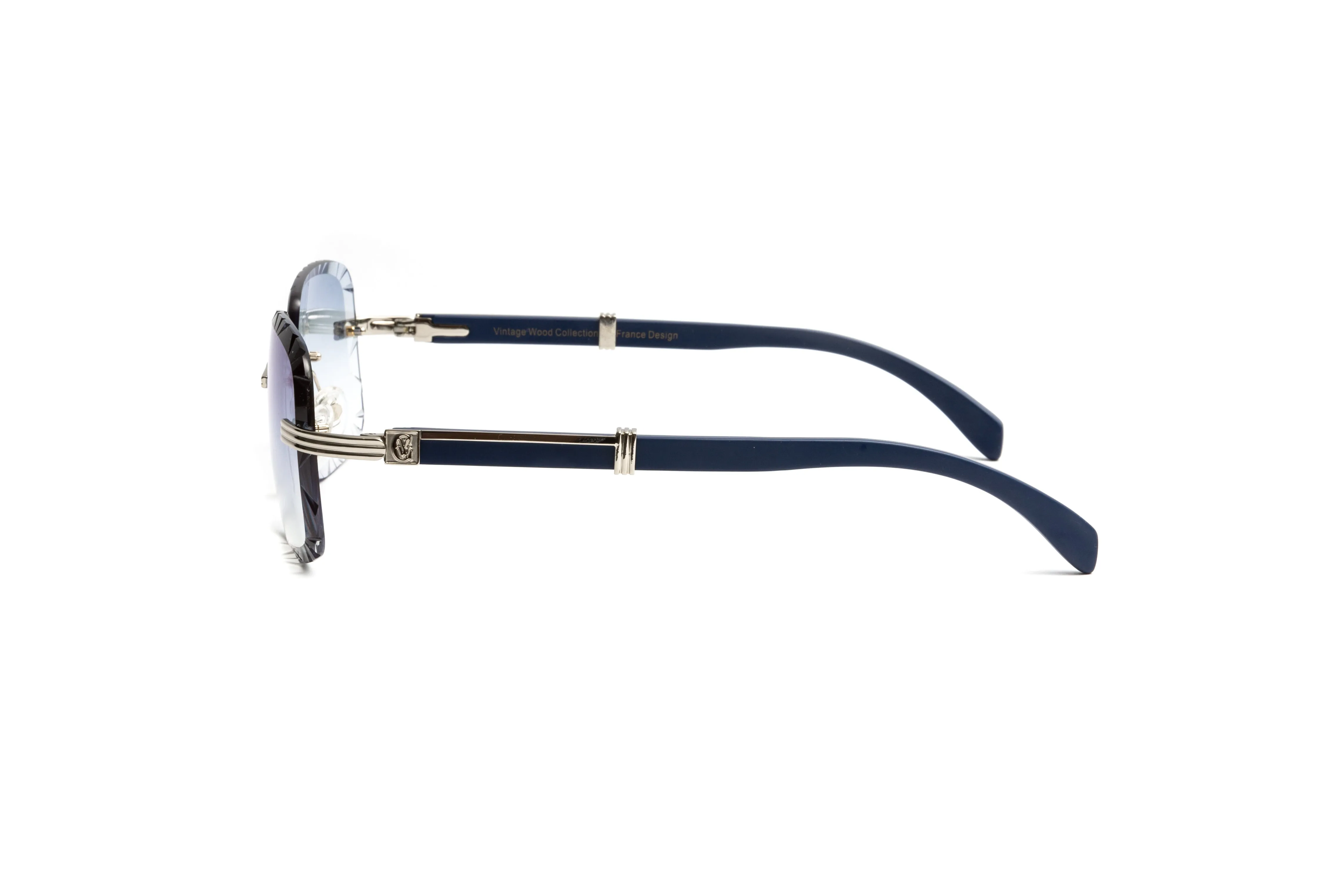 DRONE 5 Silver & Blue Wood Rimless Sunglasses, Gradient Grey Diamond Cut Lenses