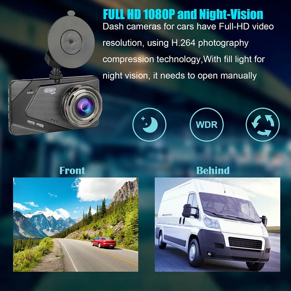 Dual Lens Car DVR Dash Cam 4-inch Ips 1080p Hd Display Dual
