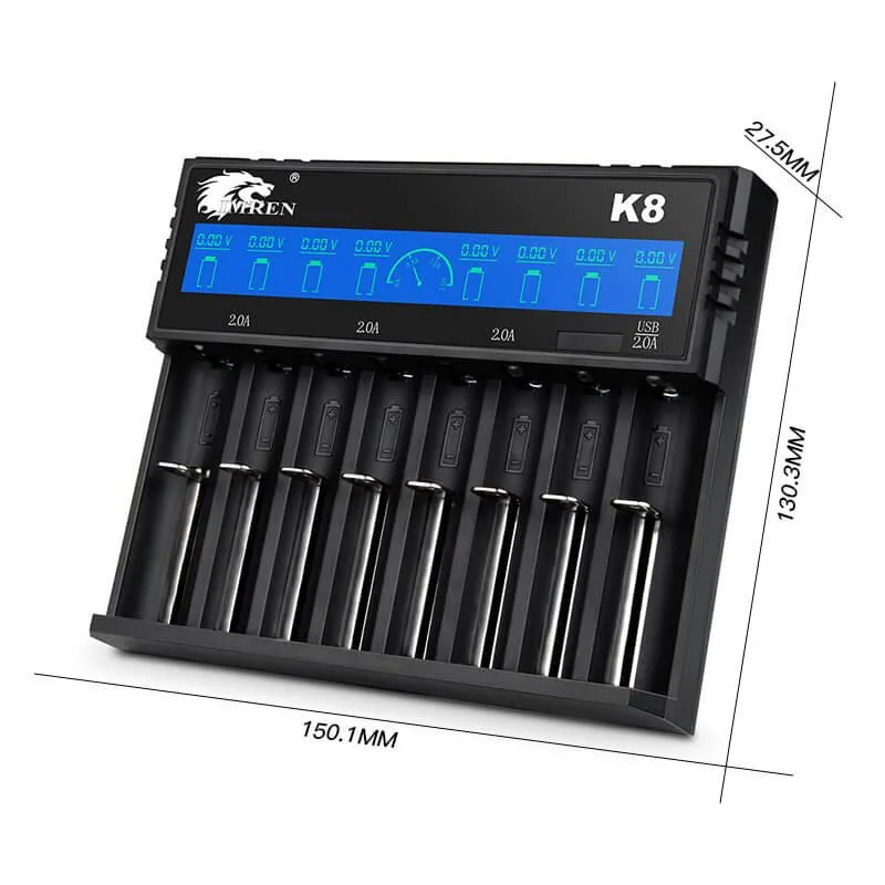 IMREN K8 8-Slot Universal Rechargeable Li-ion Battery Charger with LCD Screen Display