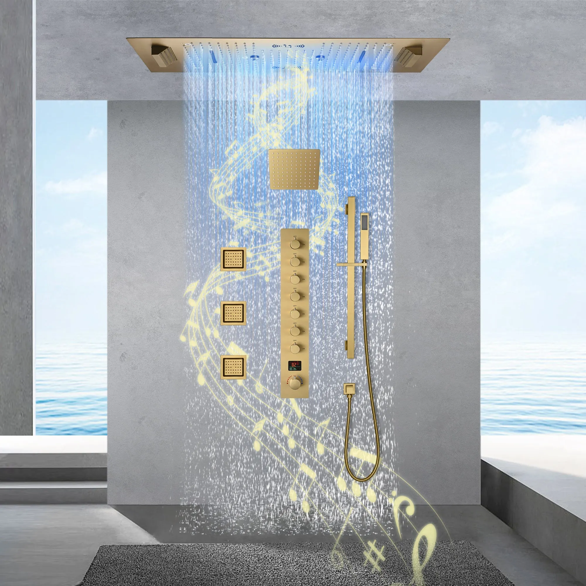 Ivey|36"Inch Complete Led Music Shower System Rainfall Waterfall & Wall Mounted Showerhead