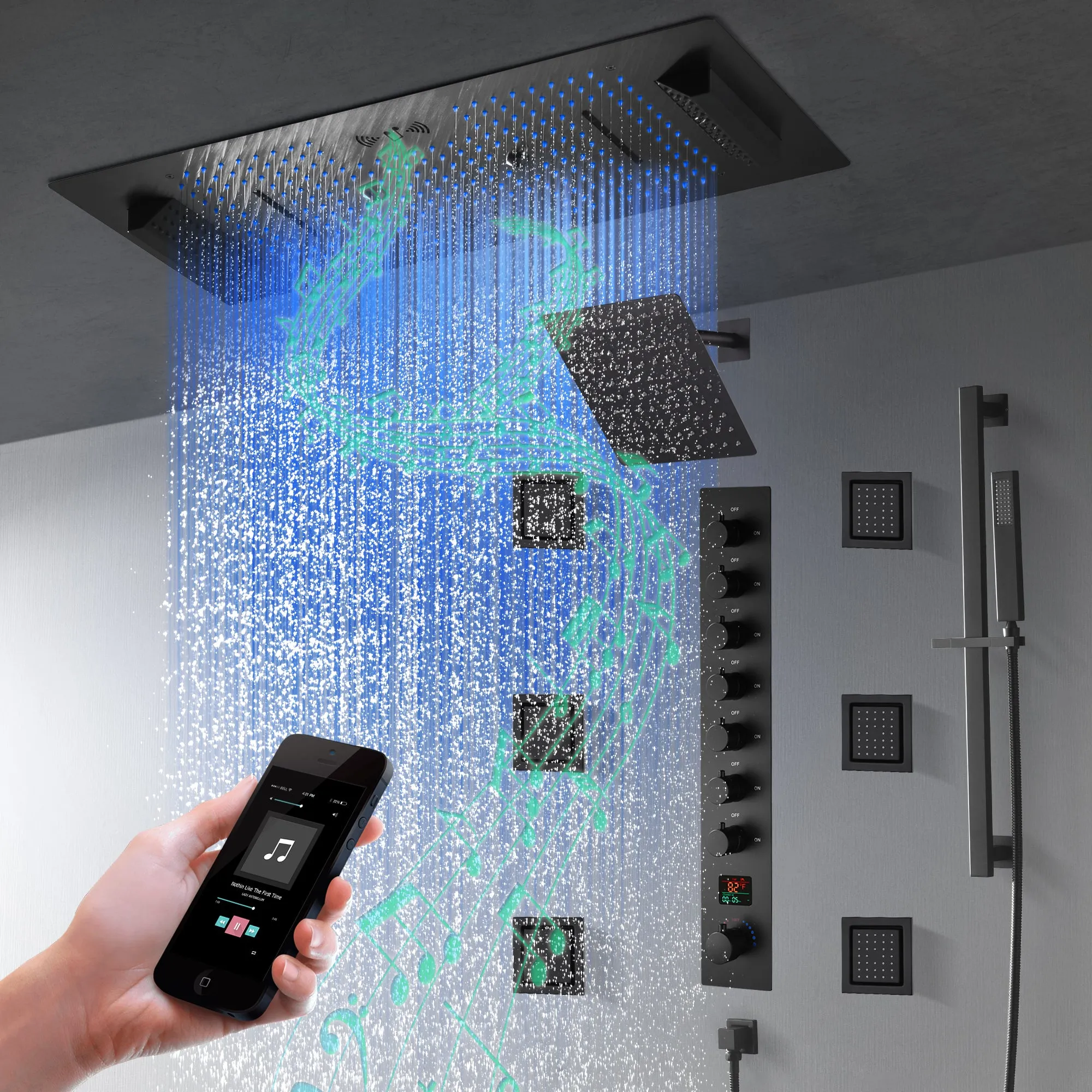 Ivey|36"Inch Complete Led Music Shower System Rainfall Waterfall & Wall Mounted Showerhead