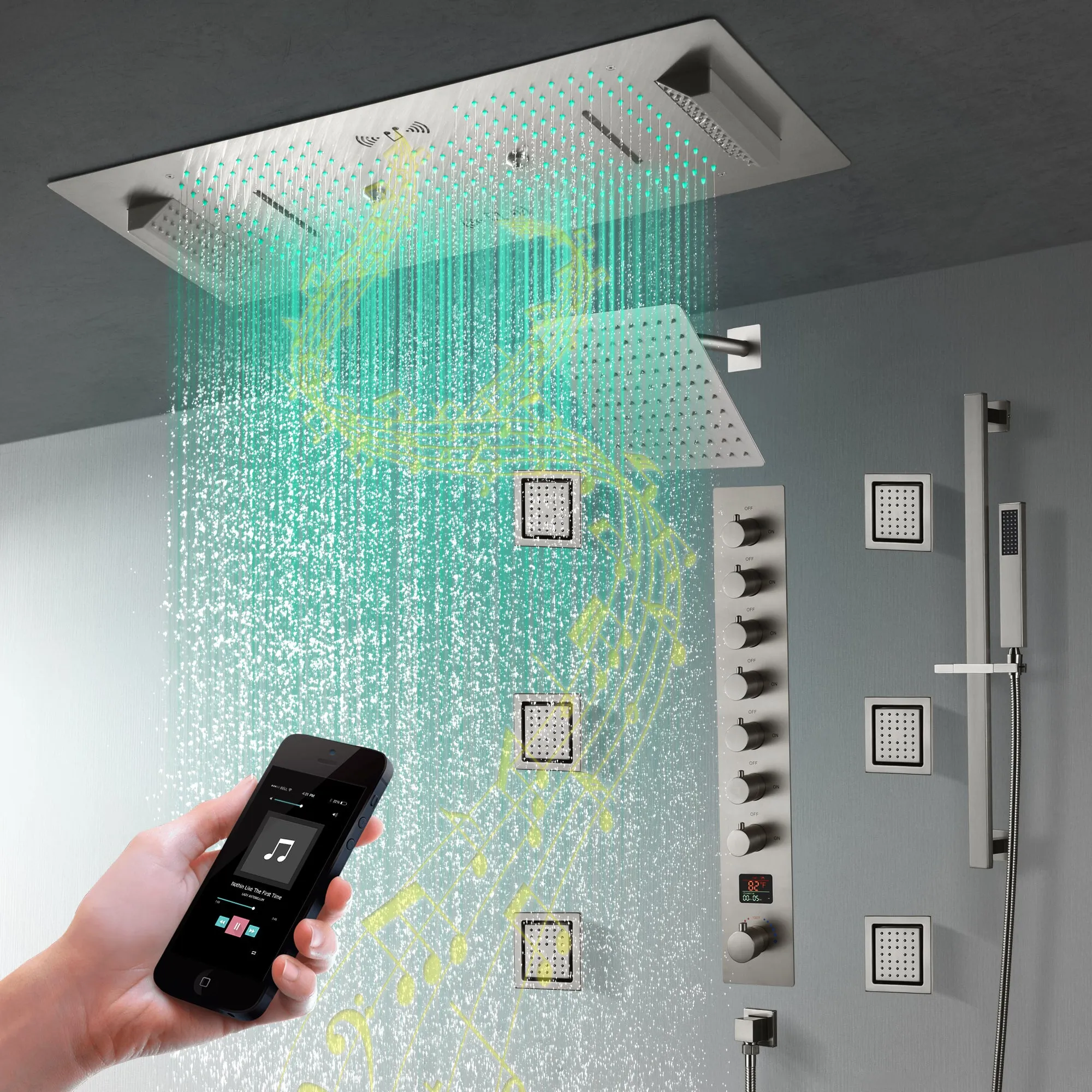 Ivey|36"Inch Complete Led Music Shower System Rainfall Waterfall & Wall Mounted Showerhead