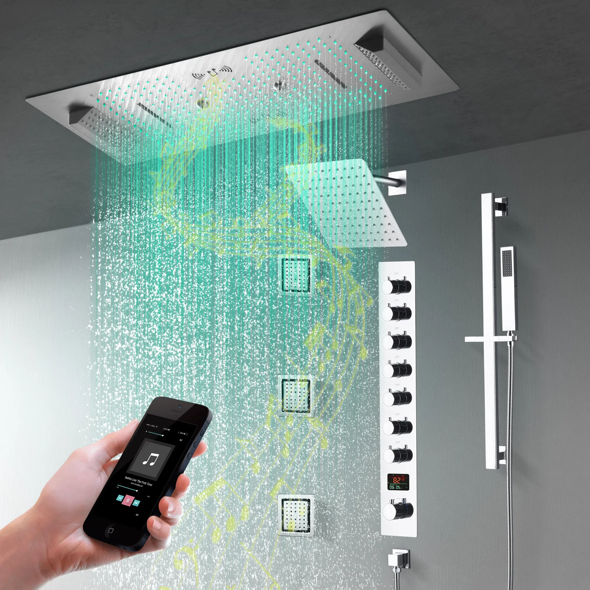 Ivey|36"Inch Complete Led Music Shower System Rainfall Waterfall & Wall Mounted Showerhead