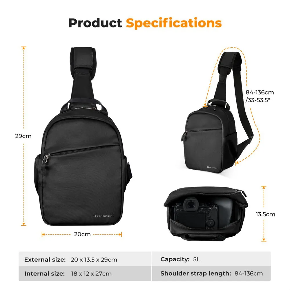K&F Concept 5L Camera Crossbody Bag Single Sling Strap Backpack for Travel & Photography with Enough Storage for Cameras, Lenses, Drones, Smartphones, Tablets & Accessories - Sony FUJIFILM Canon Nikon Panasonic Lumix DJI iPhone iPad