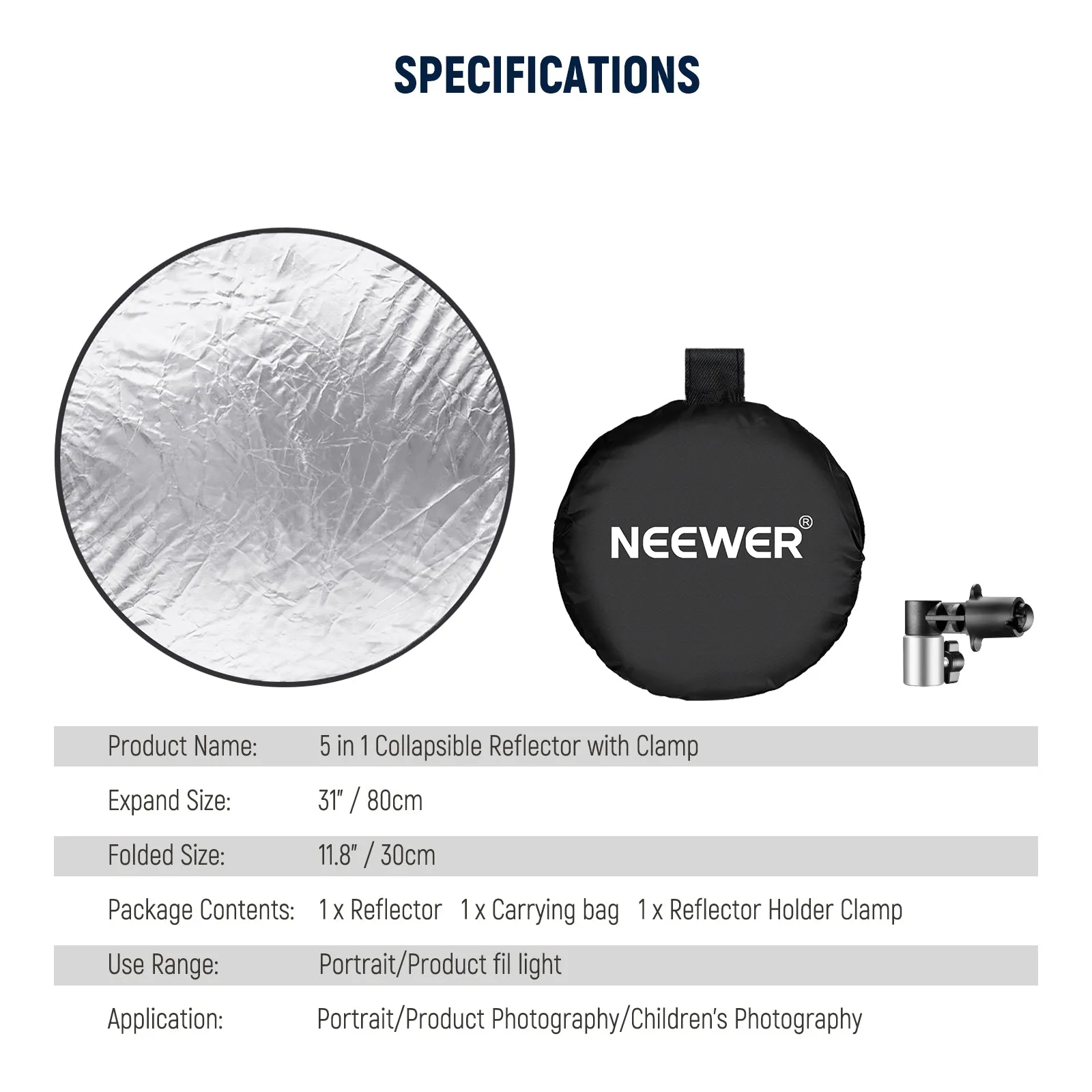 NEEWER 5 In 1 Round Reflector Kit with Holder Clip & Bag