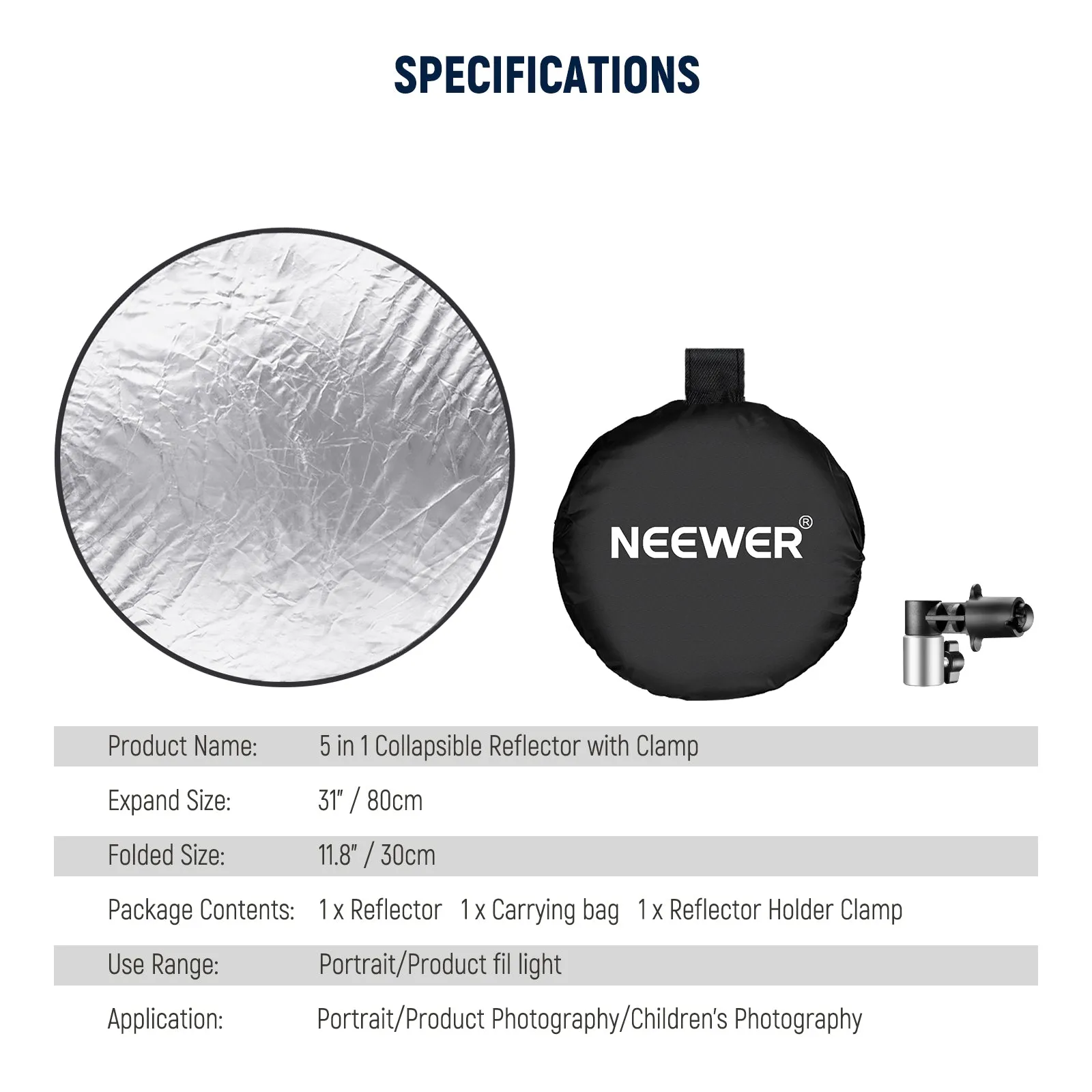 NEEWER 5 In 1 Round Reflector Kit with Holder Clip & Bag