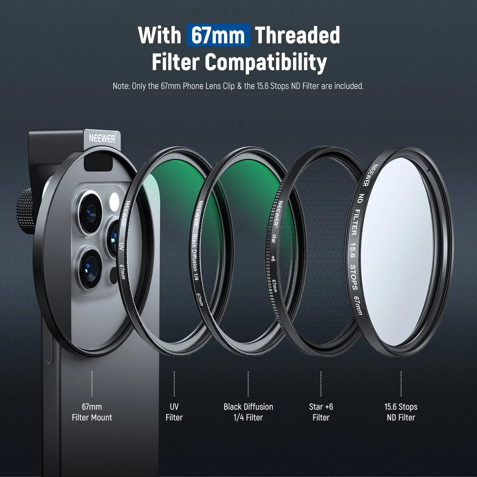 NEEWER FL-45 67mm 15.6 Stops ND Phone Filter Kit With Clip & Case