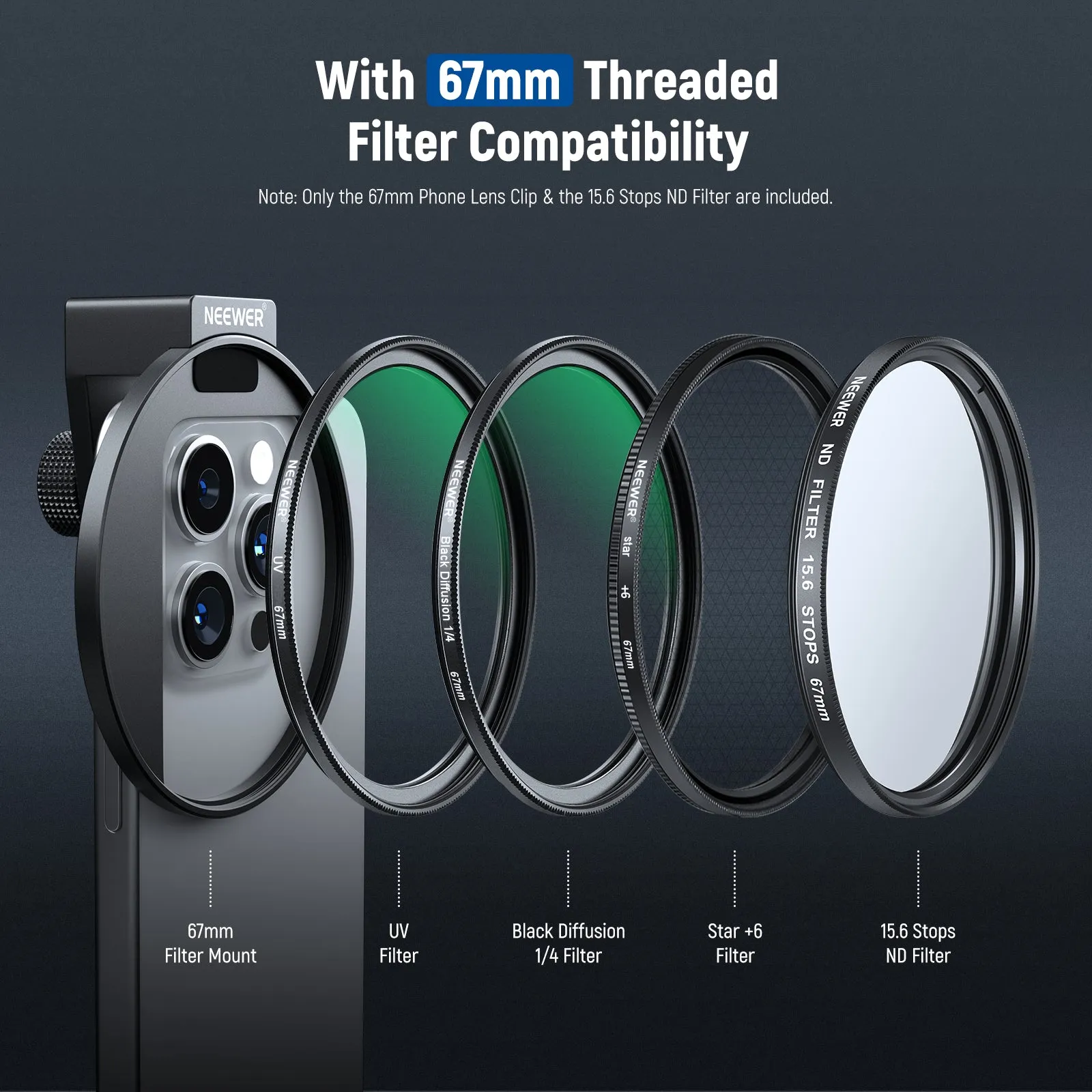NEEWER FL-45 Clip On 67mm ND Phone Filter Kit