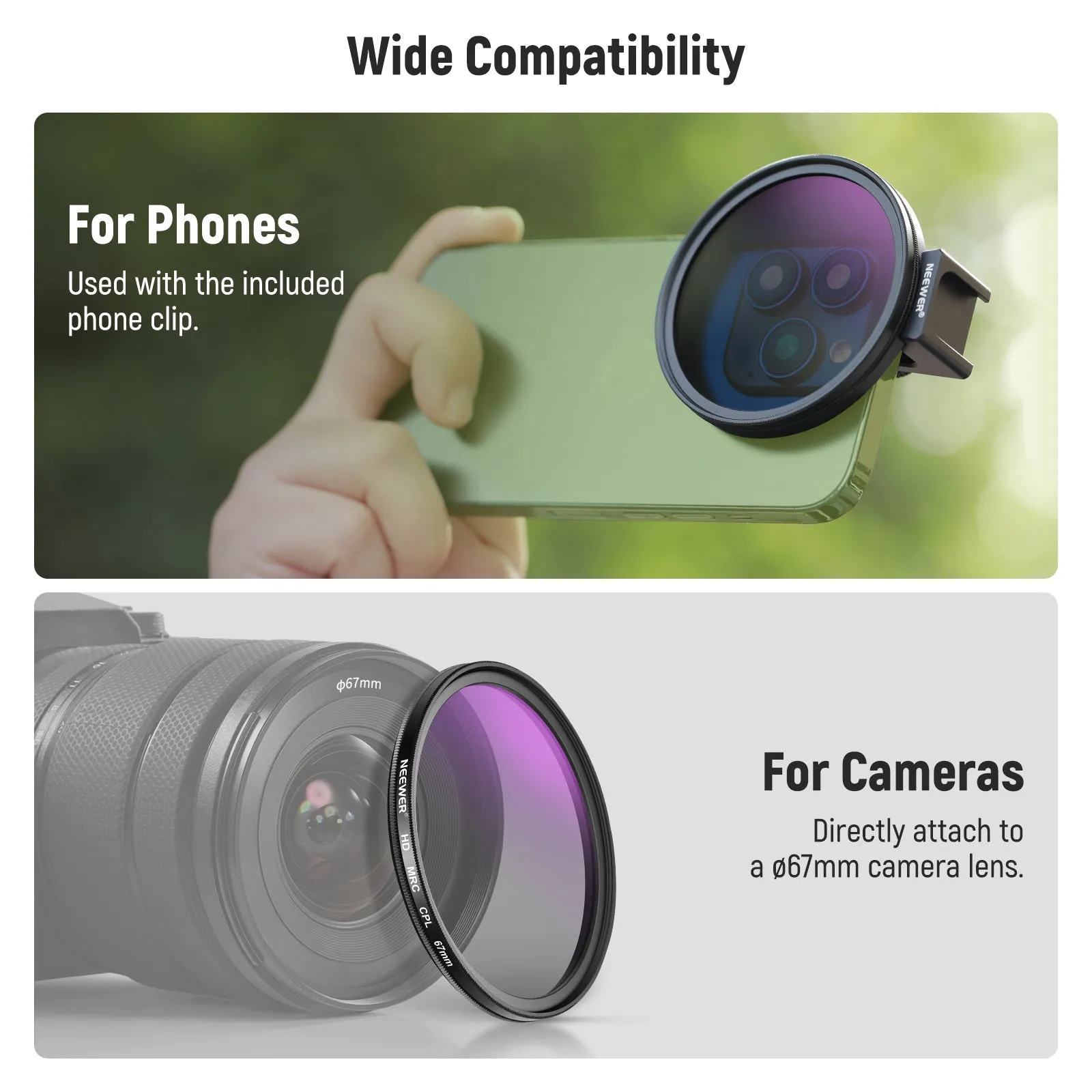 NEEWER FL-78 67mm HD CPL Filter & Cold Shoe Phone Clip