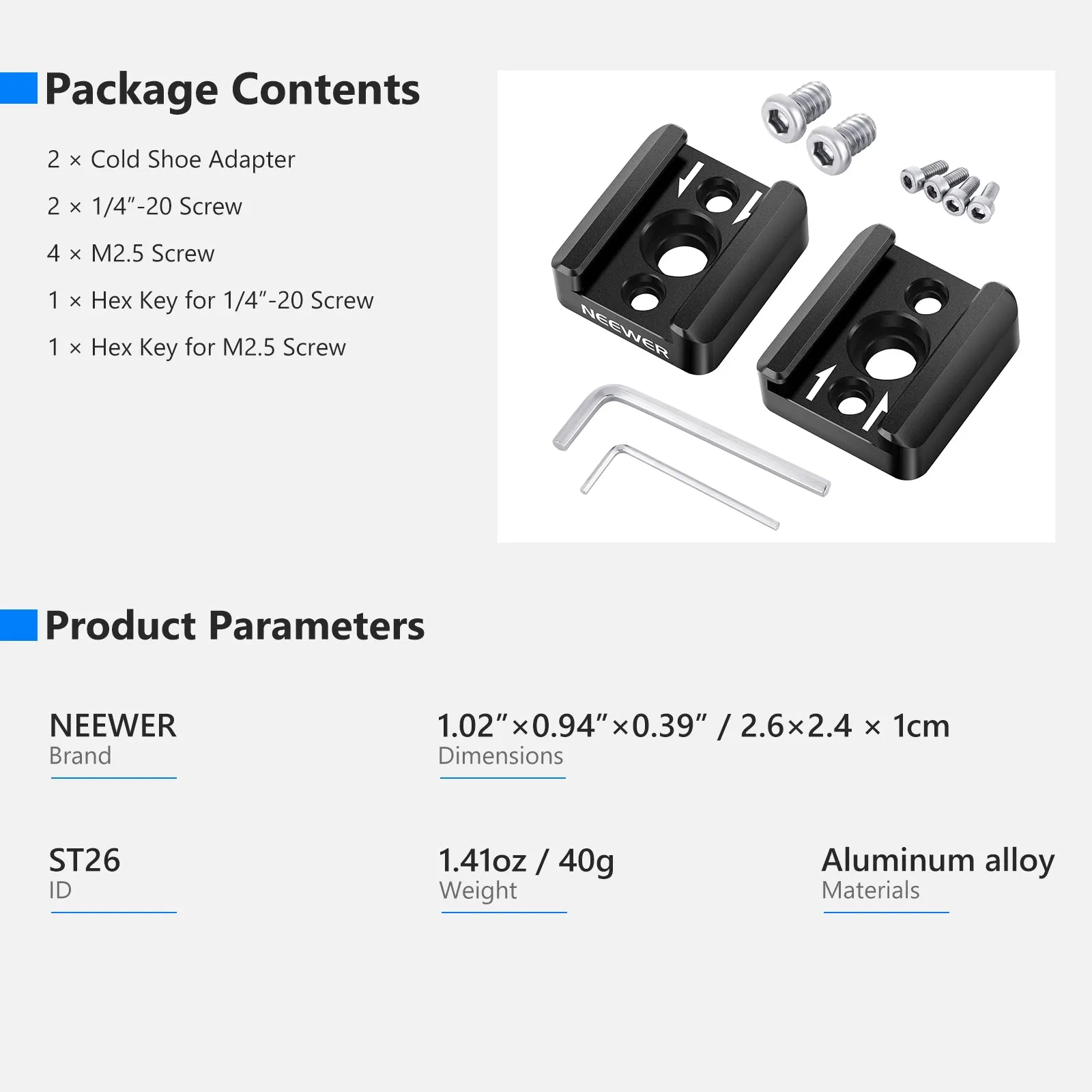 NEEWER ST26 Cold Shoe Mount Adapter with 1/4”-20 Thread