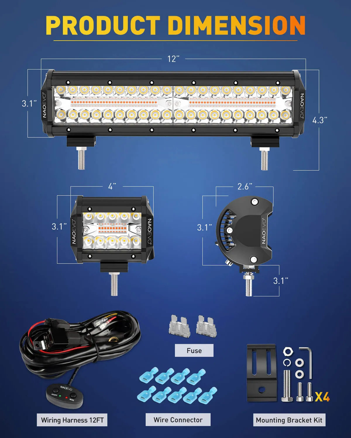 Package of 12 Inch and 2 packs 4 Inch Amber White LED Light Bars