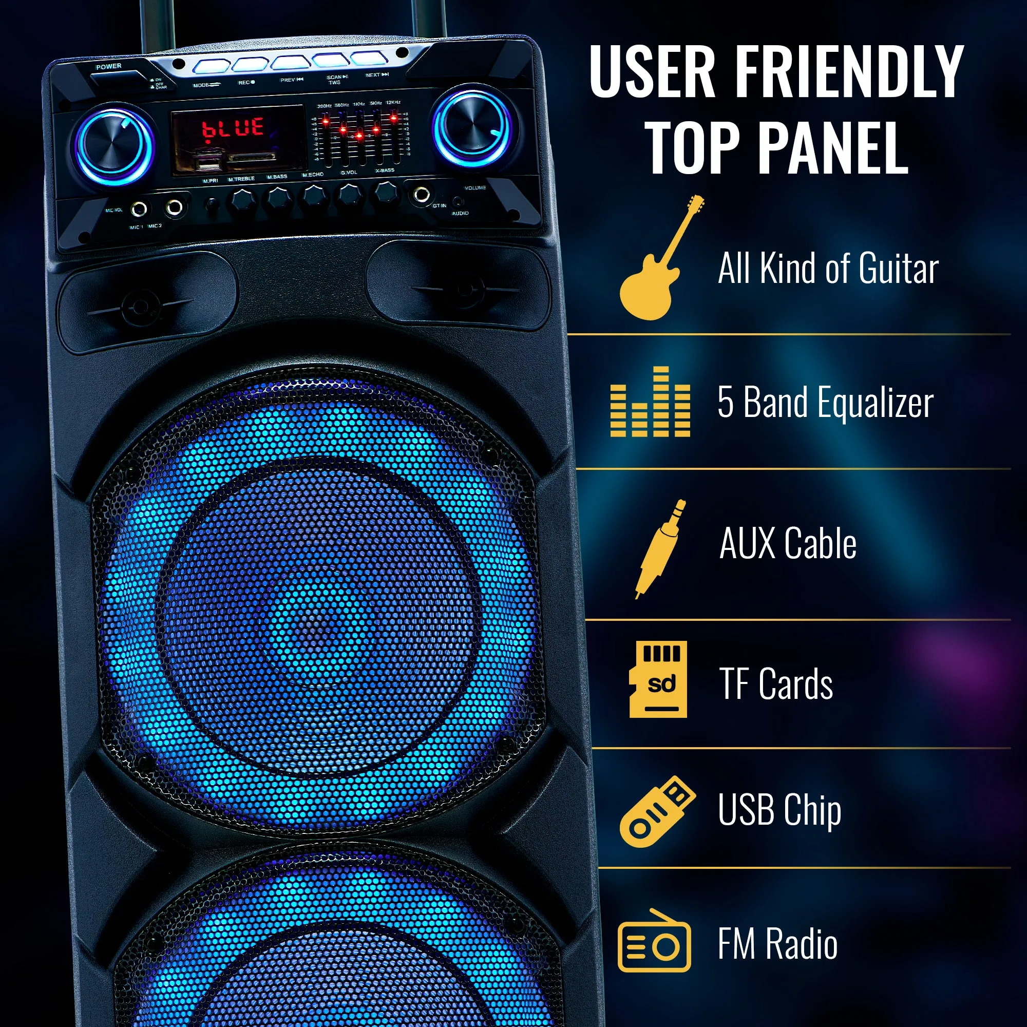 Qaise SB-2101 Portable Bluetooth Party Speaker, Dual 10” woofers with Lights, Wireless microphone and 7  hrs play time.