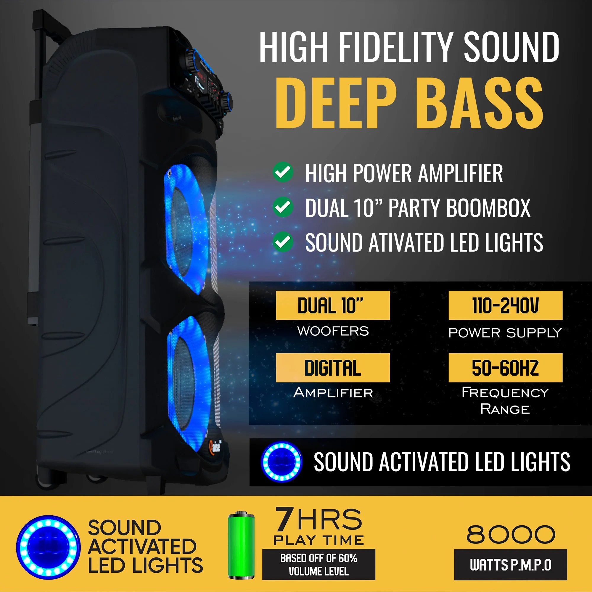 Qaise SB-2101 Portable Bluetooth Party Speaker, Dual 10” woofers with Lights, Wireless microphone and 7  hrs play time.