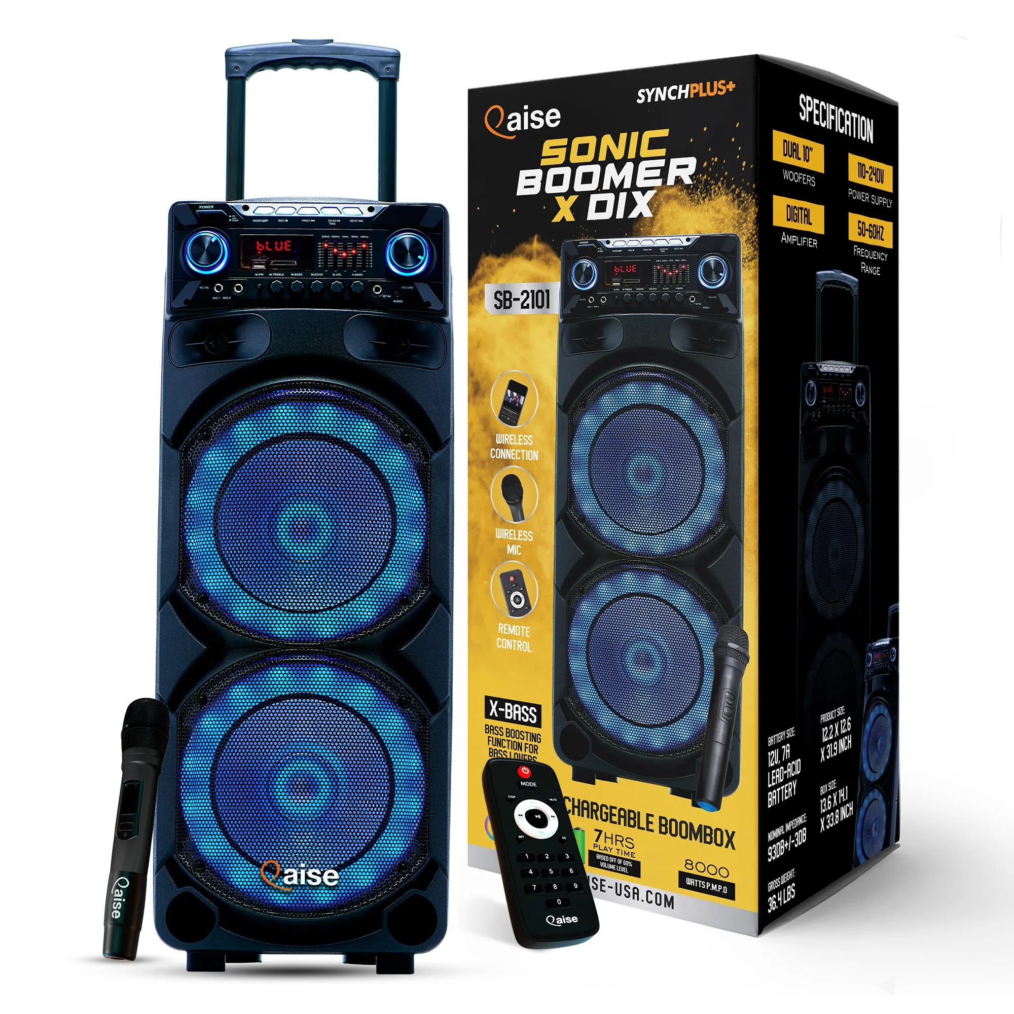 Qaise SB-2101 Portable Bluetooth Party Speaker, Dual 10” woofers with Lights, Wireless microphone and 7  hrs play time.