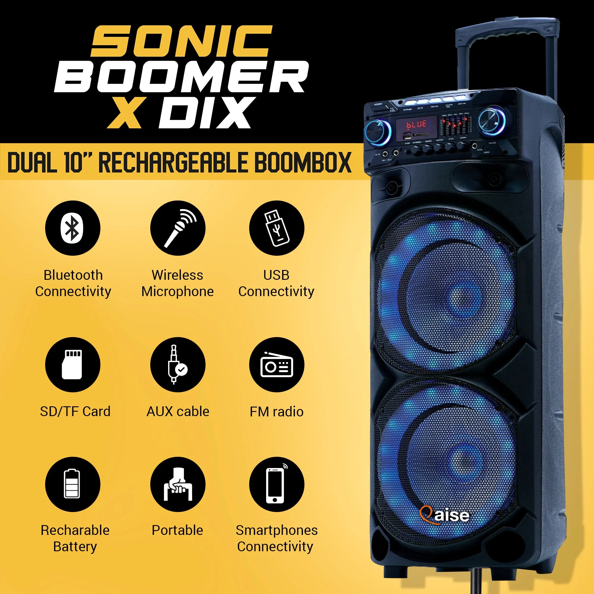 Qaise SB-2101 Portable Bluetooth Party Speaker, Dual 10” woofers with Lights, Wireless microphone and 7  hrs play time.