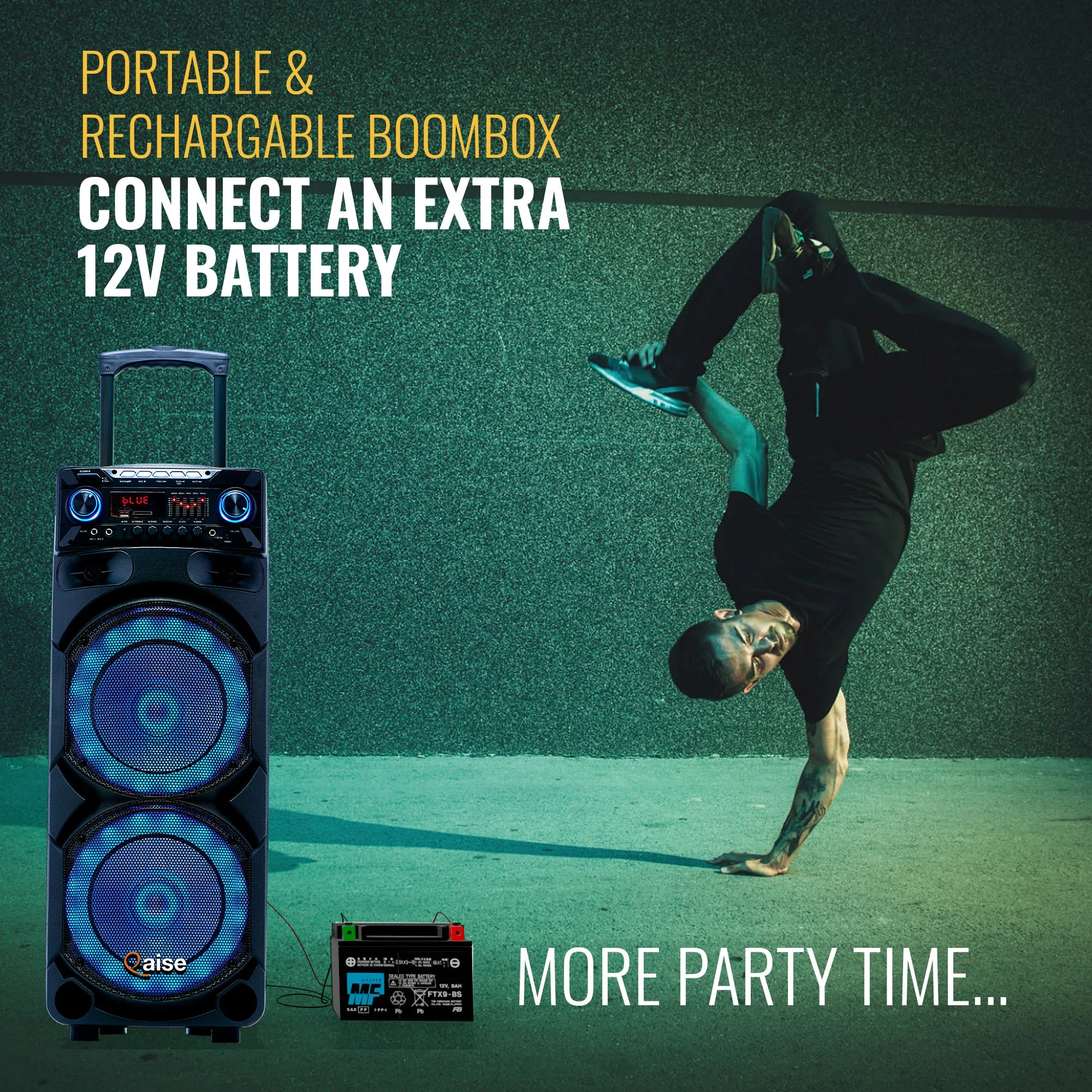 Qaise SB-2101 Portable Bluetooth Party Speaker, Dual 10” woofers with Lights, Wireless microphone and 7  hrs play time.