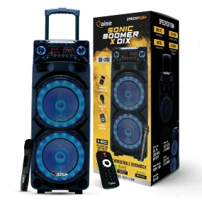 Qaise SB-2101 Portable Bluetooth Party Speaker, Dual 10” woofers with Lights, Wireless microphone and 7  hrs play time.