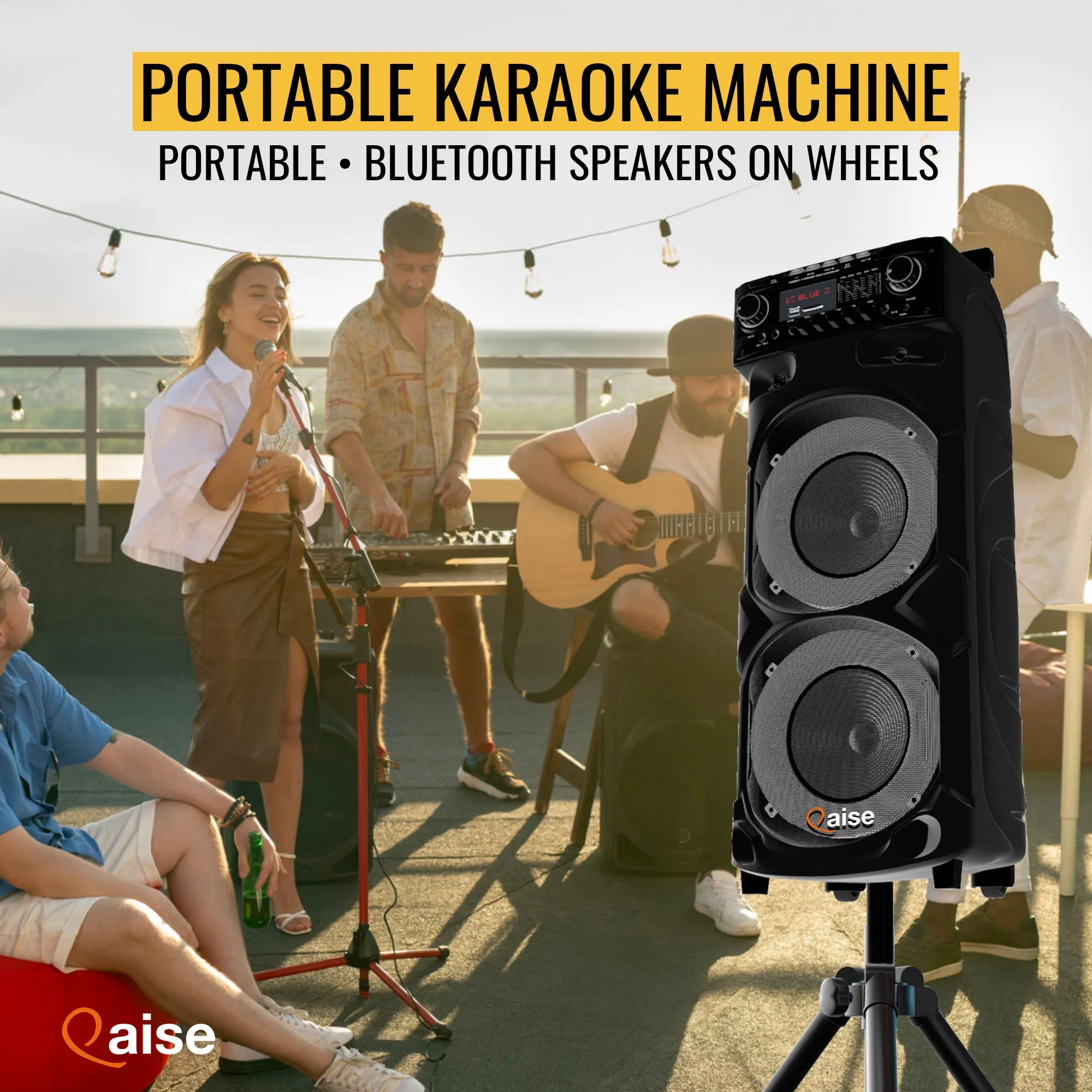 Qaise SB-2101 Portable Bluetooth Party Speaker, Dual 10” woofers with Lights, Wireless microphone and 7  hrs play time.