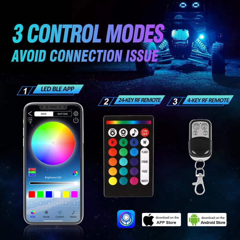 RGBW LED Rock Lights Kit with Bluetooth APP & Wireless Remote Control, Multicolor Neon Underglow Lights with Brake Light function for ATV UTV
