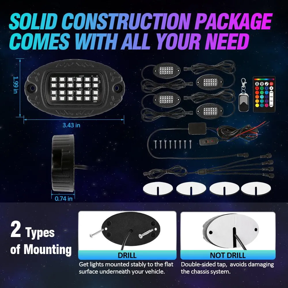 RGBW LED Rock Lights Kit with Bluetooth APP & Wireless Remote Control, Multicolor Neon Underglow Lights with Brake Light function