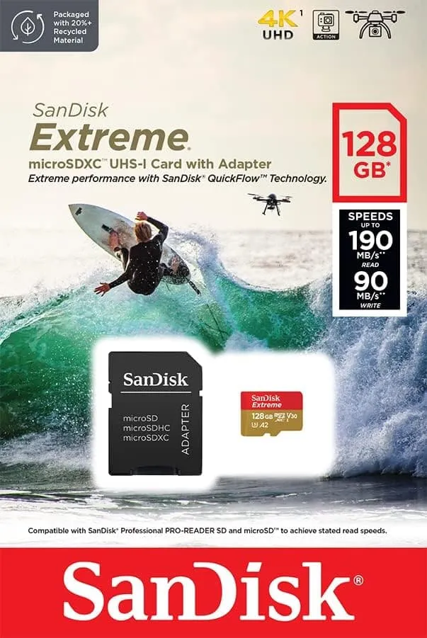 SanDisk 128GB Extreme microSDXC card for Action Cams and Drones   SD adapter   RescuePRO Deluxe, up to 190 MB/s, with A2 App Performance, UHS-I, Class 10, U3, V30