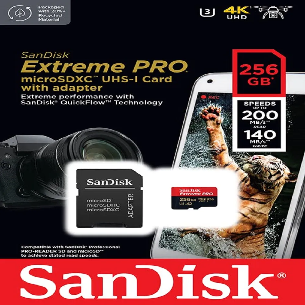 SanDisk Extreme PRO 256GB microSDXC UHS-I Memory Card – 200MB/s Read, 140MB/s Write (V30, U3, A2, C10) for 4K UHD & High-Speed Data Transfer