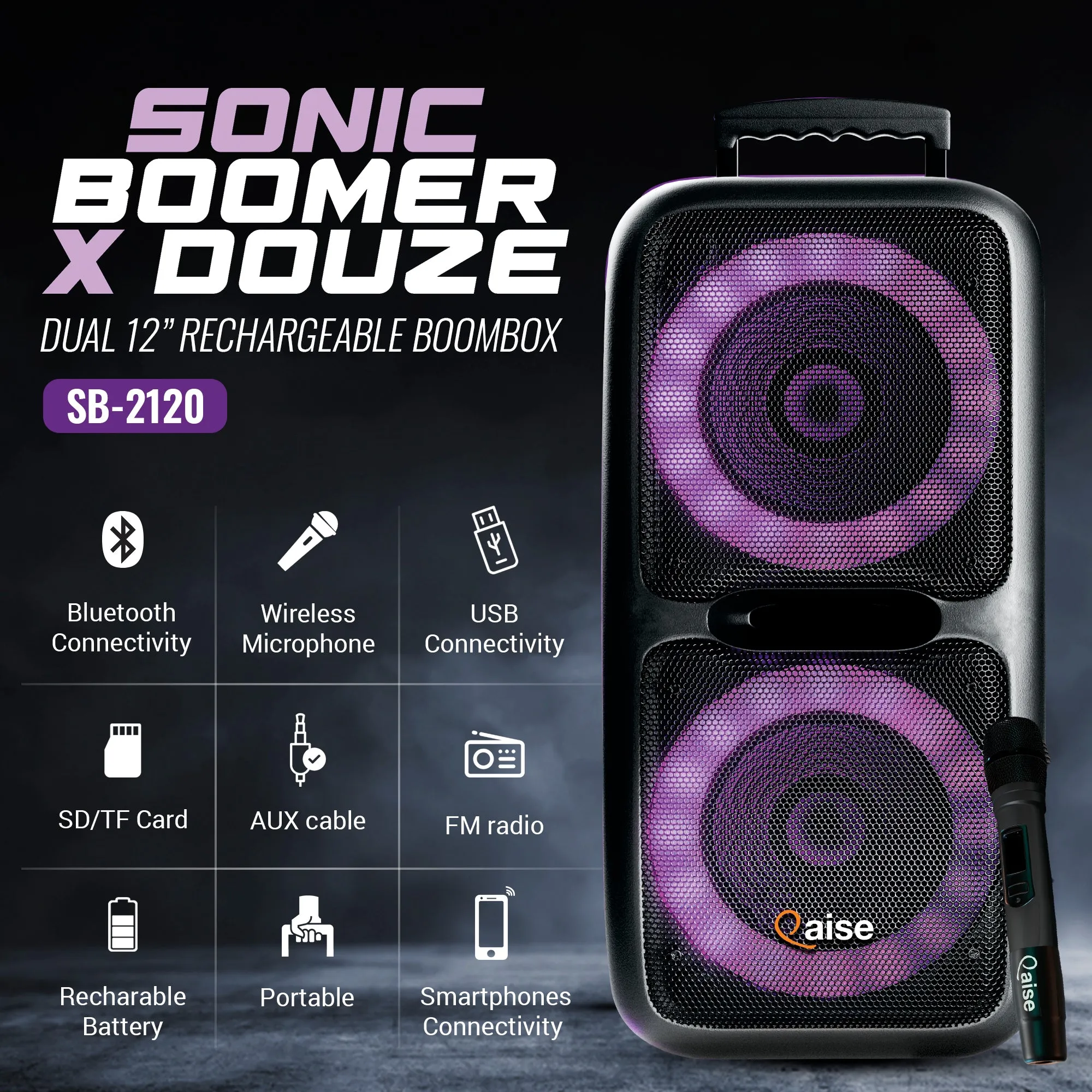 SB-2120 - Portable Bluetooth Party Speaker, Dual 12” woofers with Lights, Wireless microphone, 7  hours play time, 6000 watts peak power