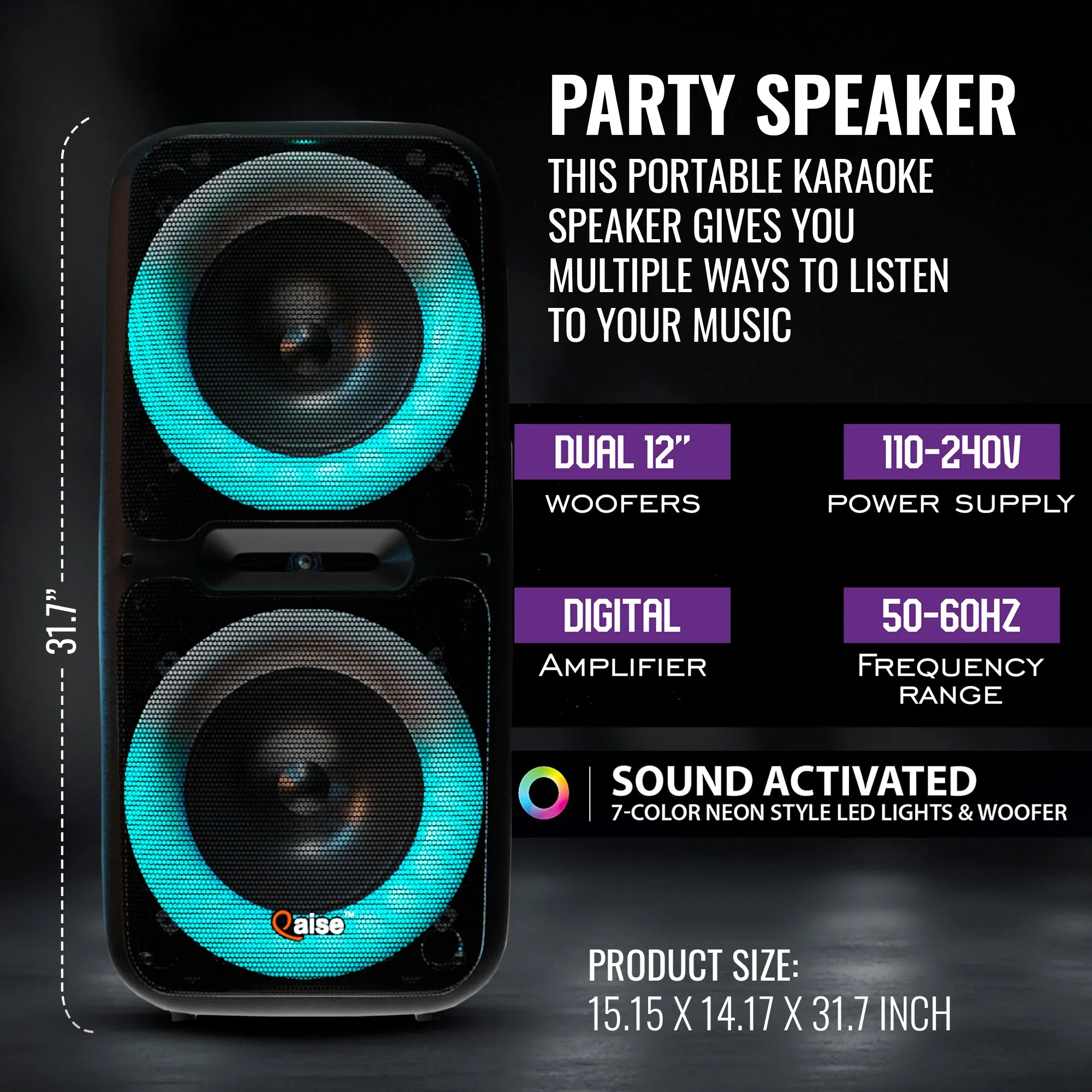 SB-2120 - Portable Bluetooth Party Speaker, Dual 12” woofers with Lights, Wireless microphone, 7  hours play time, 6000 watts peak power
