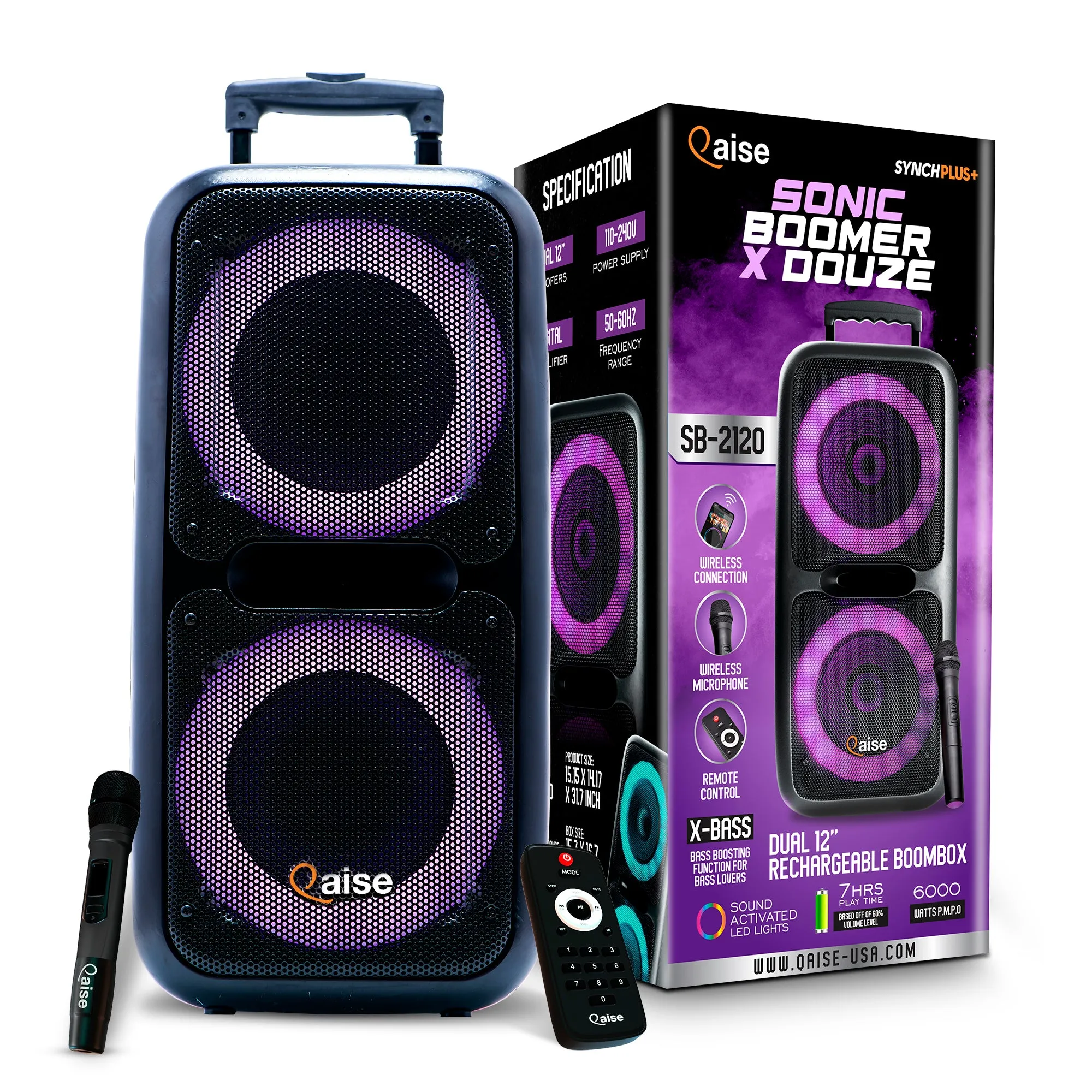 SB-2120 - Portable Bluetooth Party Speaker, Dual 12” woofers with Lights, Wireless microphone, 7  hours play time, 6000 watts peak power
